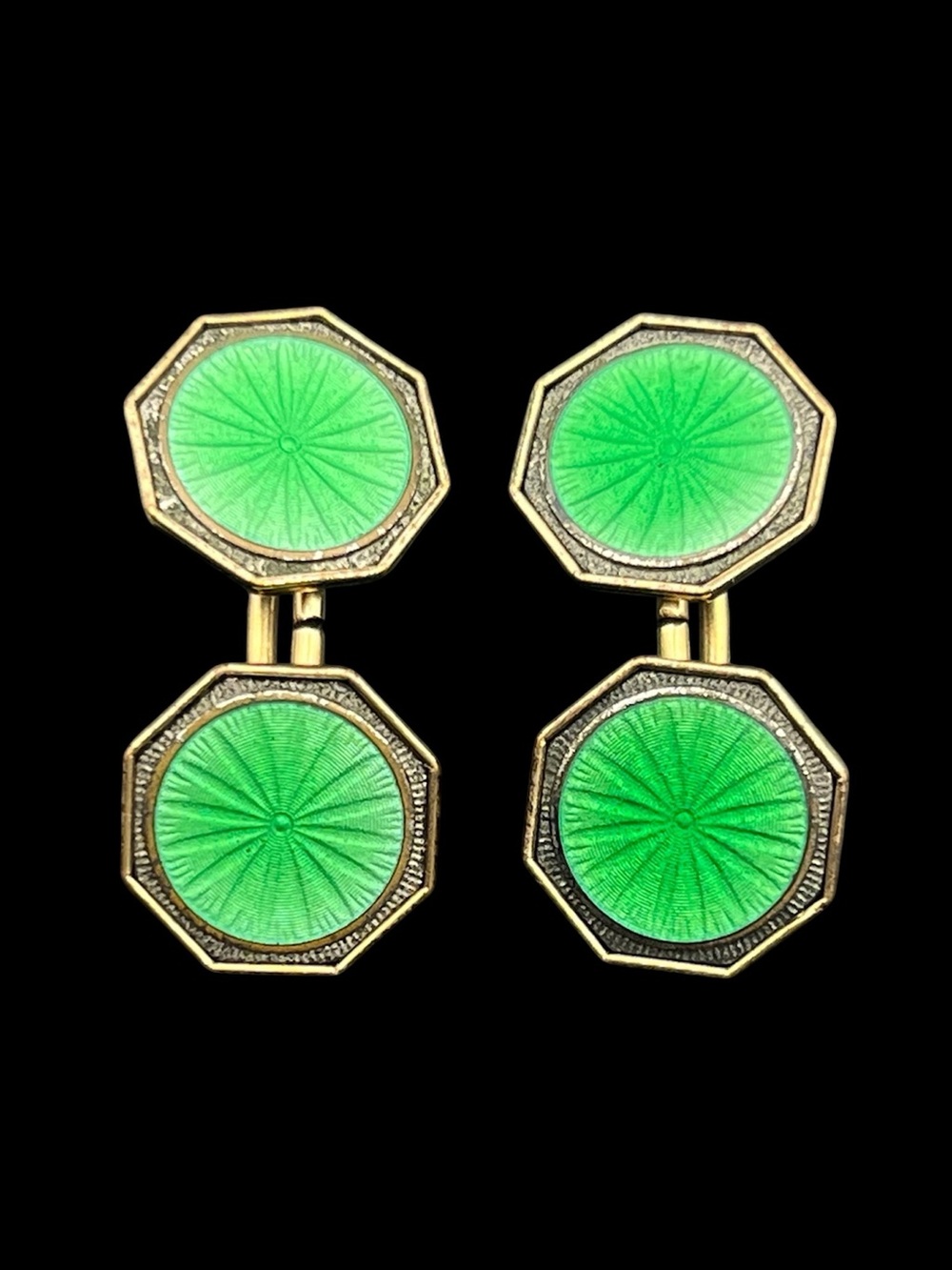 Krementz green guilloche enamel gold plated Art Deco cufflinks vintage